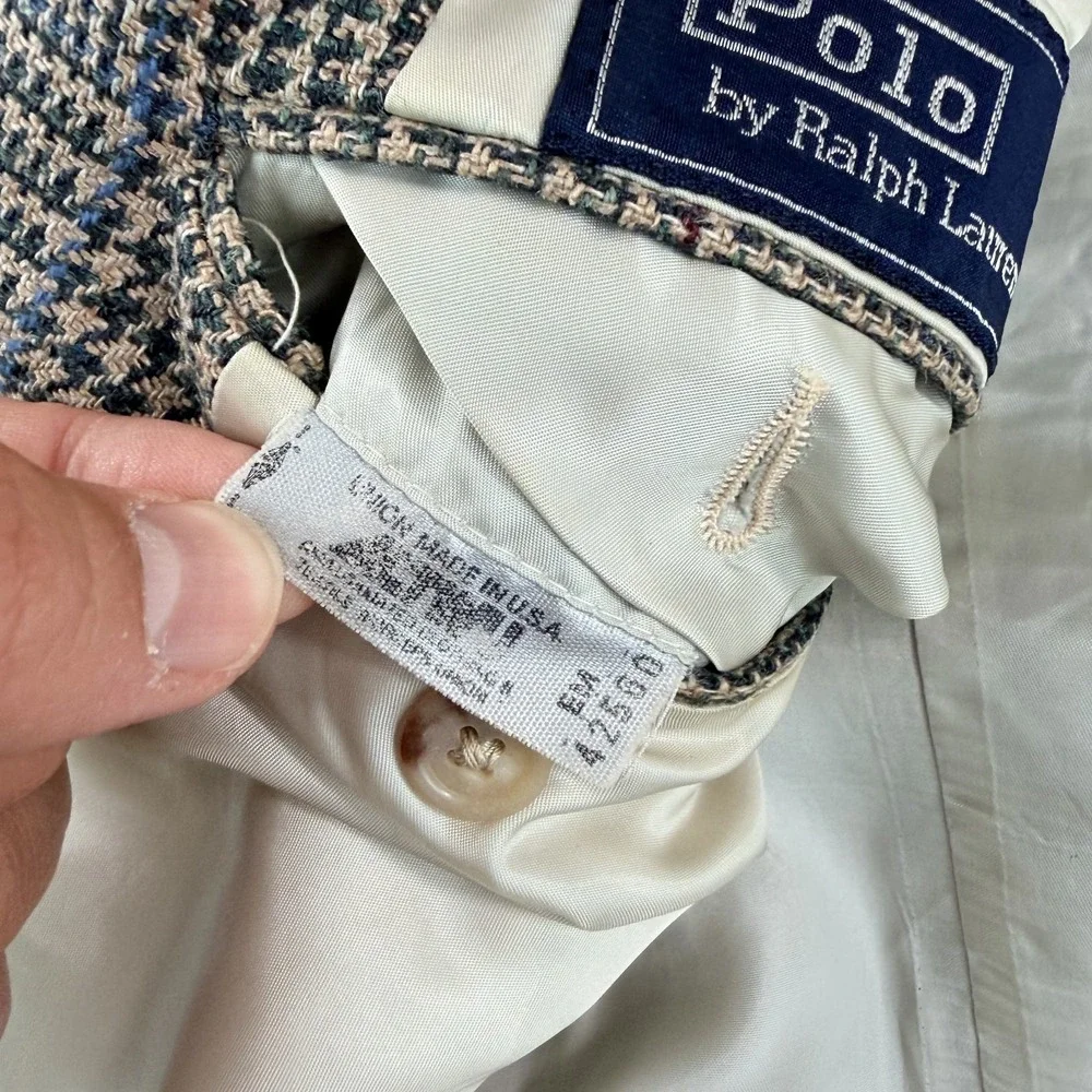 VTG Polo Ralph Lauren Blazer Jacket 42 Glen Check Silk Linen Wool 80s 90s USA